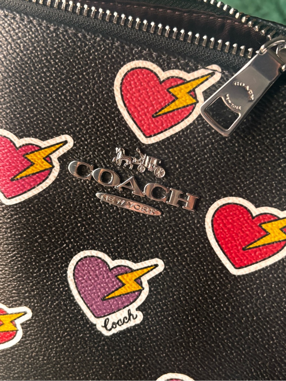 Coach Black Leather Gallery Tote with Red & Purple Heart Bolt Print - Picture 4 of 8